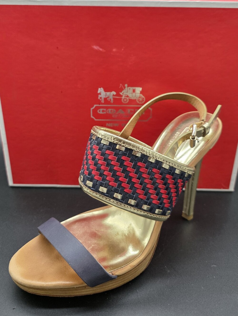 Coach Gold Slingback Heel with Navy and Red Woven Strap 7